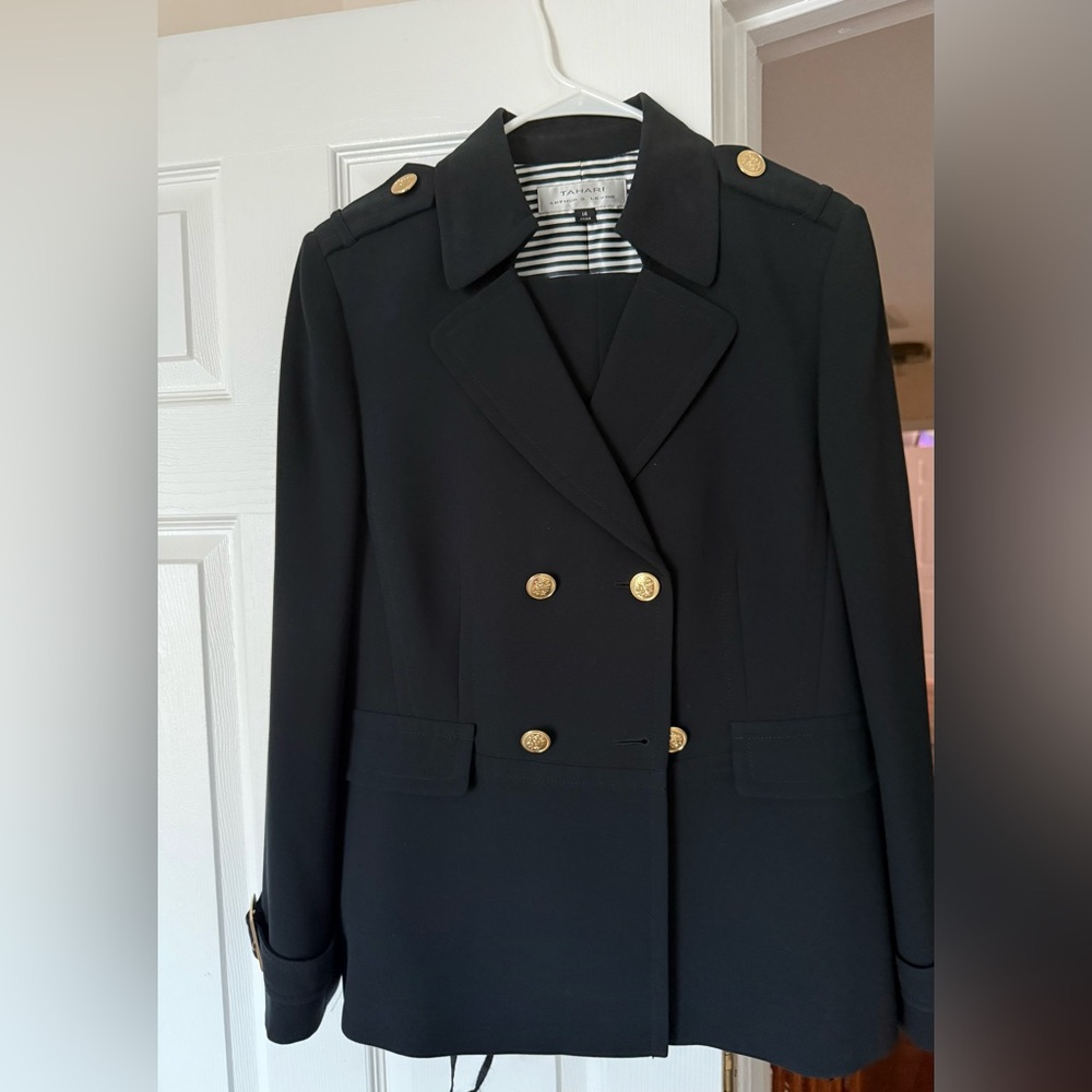 Tahari Navy Pea Coat style pantsuit with Gold Buttons